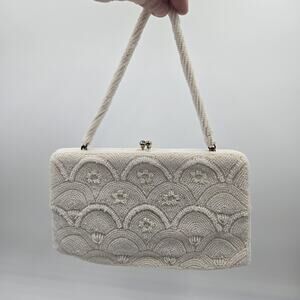 Vintage White Fully Beaded Clutch Purse 1960’s Voguemont Kisslock Bridal